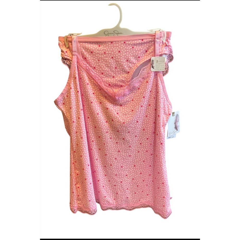 NEW Jessica Simpson Pink Heart Print Lace Trim Cami Camisole Panty Set Sz M
